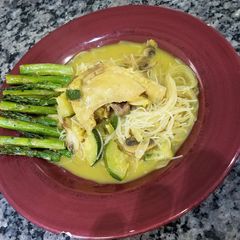 Chicken Curry with Rice Noodles and Oven Roasted Asparagus A picture of Chicken Curry with Rice Noodles and Oven Roasted Asparagus.