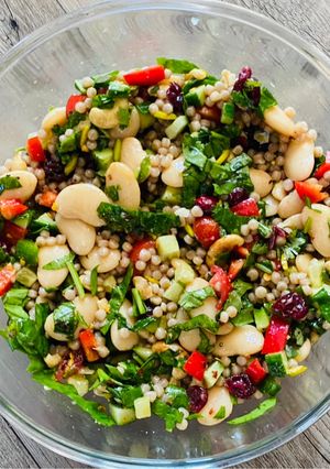 A picture of Mediterranean giant couscous salad.