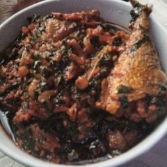 A picture of Green Pepper, Tomatoes and Ugwu vegetable Sauce.