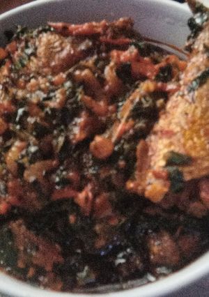 A picture of Green Pepper, Tomatoes and Ugwu vegetable Sauce.