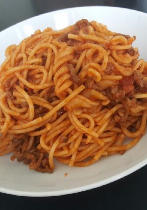 Hình của món Mì ý xào thịt bò sốt tương cà.