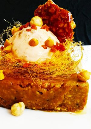 A picture of Hazelnut Brownie with Hazelnut praline and Icecream.