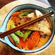 Thai Red Curry Coconut with Pan Fried Tofu, Snap Peas & Carrots over Rice