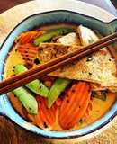 Thai Red Curry Coconut with Pan Fried Tofu, Snap Peas & Carrots over Rice
