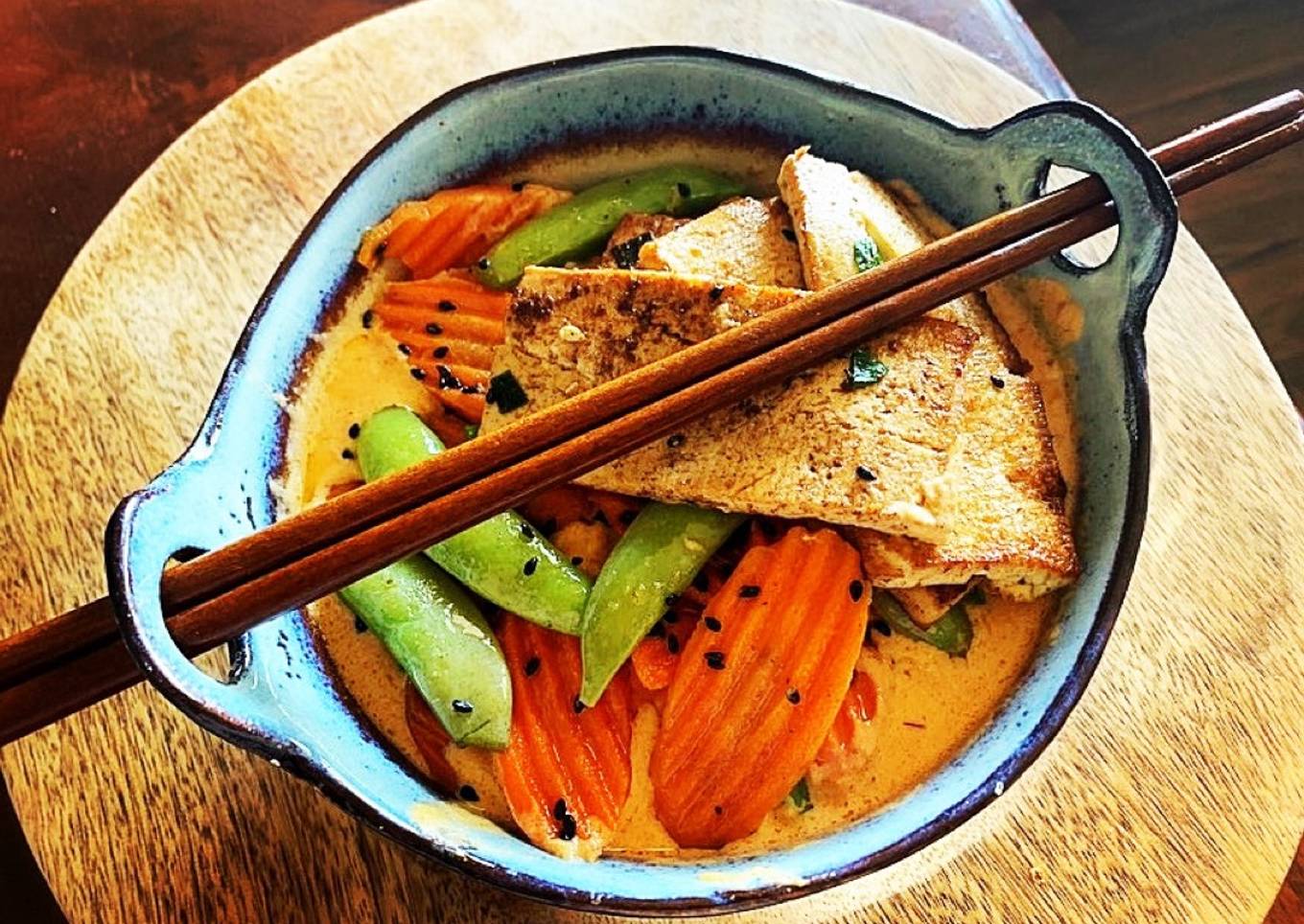 Thai Red Curry Coconut with Pan Fried Tofu, Snap Peas & Carrots over Rice