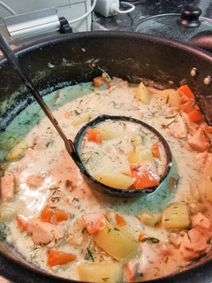 A picture of Creamy salmon soup (traditional Finnish salmon soup).