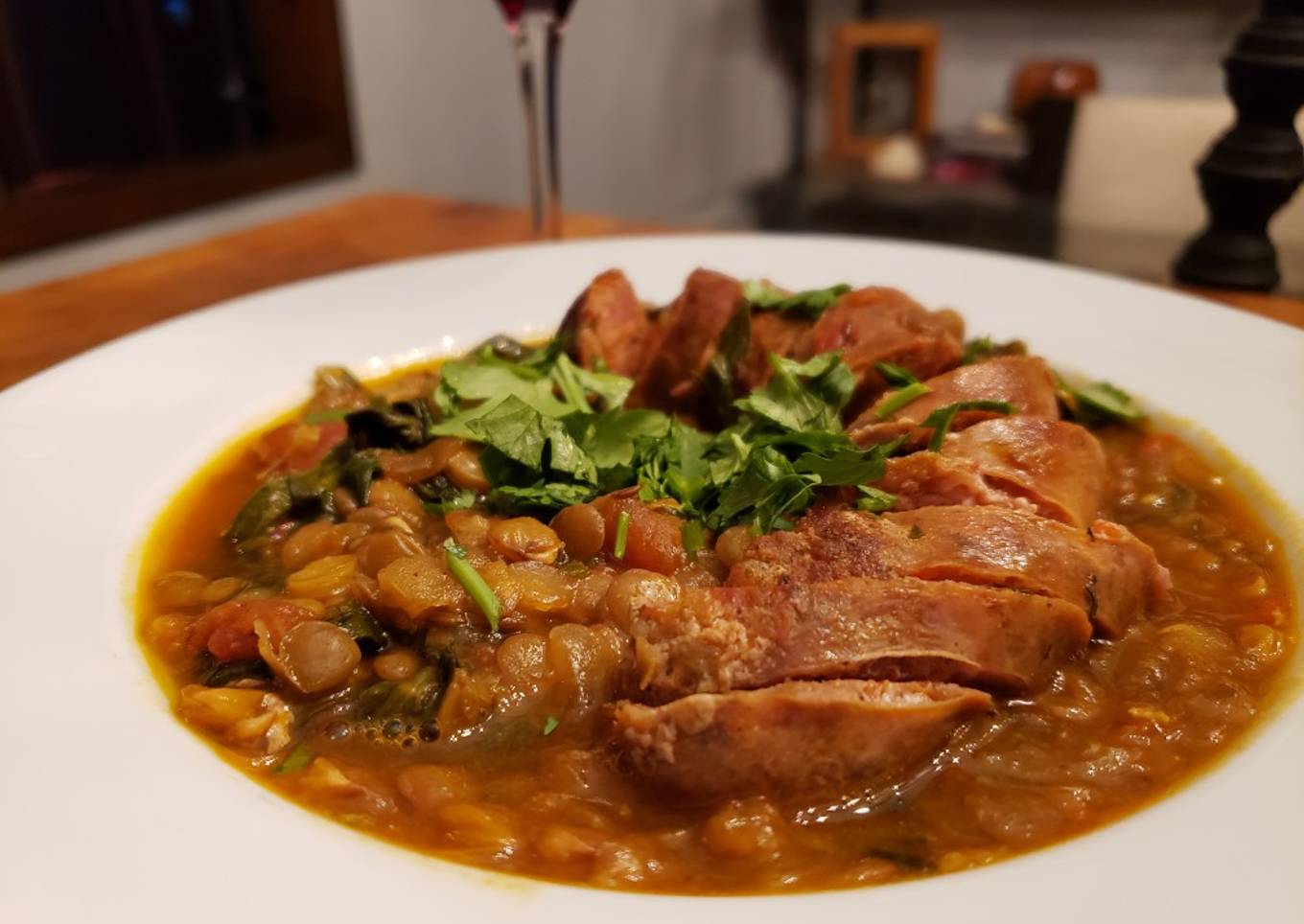Merguez Sausage and Cumin Lentils with Dandelion Greens