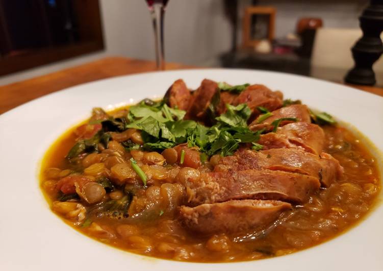 Merguez Sausage and Cumin Lentils with Dandelion Greens