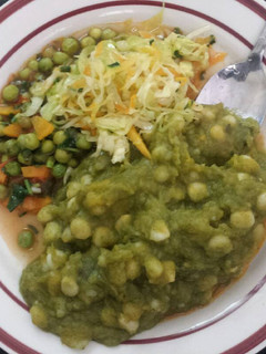 A picture of Mokimo with minji stew and cabbage salad.