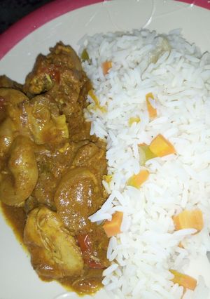 A picture of Rice with chicken curry.