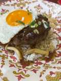 Hamburg Steak dengan Glaze Sauce Tumis Jamur dan Telur Ceplok