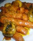 Salchichas frescas en salsa de vino con champiñones