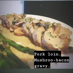 Pork loin with mushroom bacon sauce A picture of Pork loin with mushroom bacon sauce.