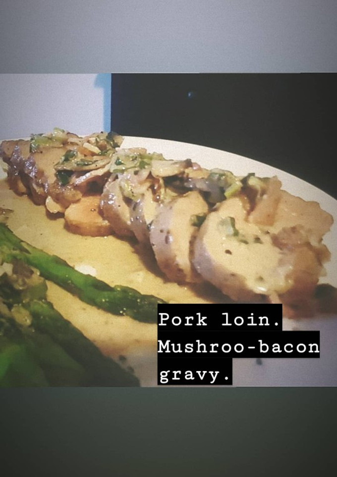 A picture of Pork loin with mushroom bacon sauce.