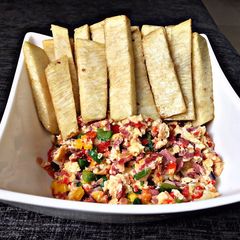 A picture of Scramble Egg Served with Fried Yam.