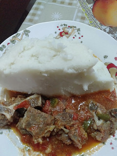 A picture of Ugali with meat stew.