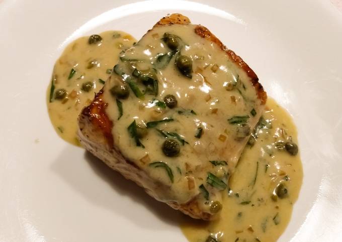 Pan-seared salmon with white wine and caper sauce