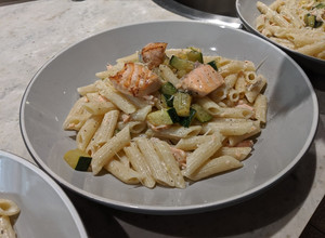 A picture of Pasta with salmon and cream cheese.