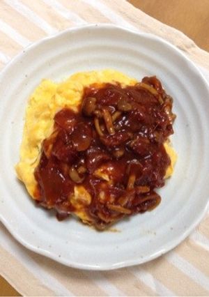 A picture of Easy Omurice with Mushroom Demi-Glace Sauce.