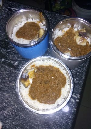 A picture of White rice and fish.
