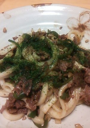 A picture of Yaki Udon with Consommé and Worcestershire Sauce.