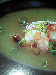 A picture of Creamy fennel soup with shrimp.
