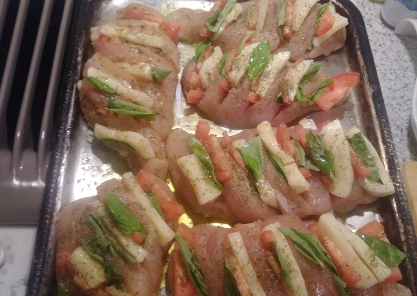 Stuffed chicken witb basil mozzarella and tomato