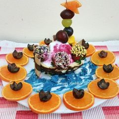 Chocolate boat with mixed fruit ice cream and chocolate dry fruits balls A picture of Chocolate boat with mixed fruit ice cream and chocolate dry fruits balls.