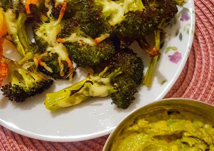 Cheesy roast broccoli with spicy avocado