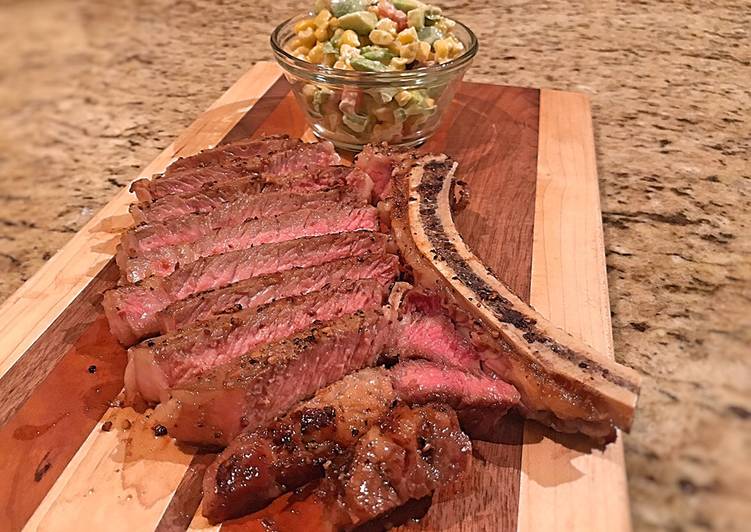 Reverse seared ribeye with blue cheese corn salad