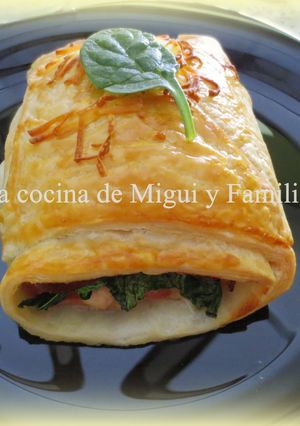 Una foto de Napolitana de pollo, espinacas y beicon 