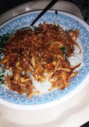 A picture of Basmati rice with cabbage sauce.
