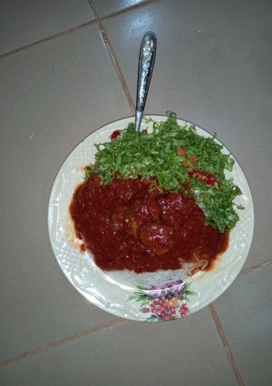 A picture of Rice & stew with salad.