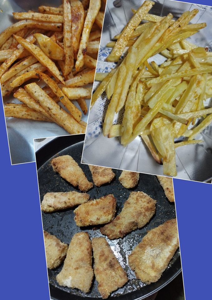 Una foto de Merluza rebozada con papas fritas 2 versiones todo al horno