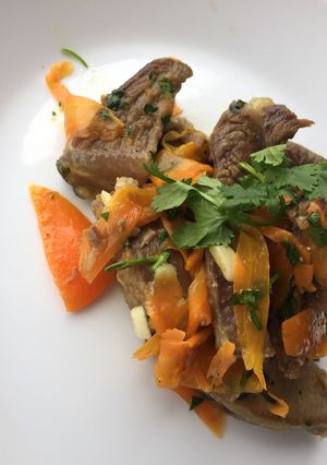 A picture of Boiled Beef Stew with Carrots and Cilantro.