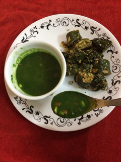 A picture of Jade corn soup and stuffed paneer corn patra.