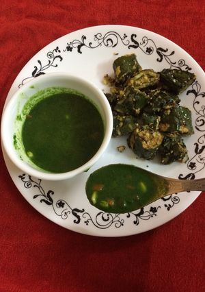 A picture of Jade corn soup and stuffed paneer corn patra.