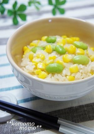A picture of Lightly Buttery Corn and Edamame Rice.