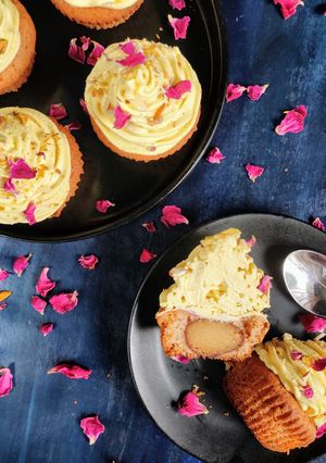 A picture of Gulab Jamun Cupcakes with thandai frosting.