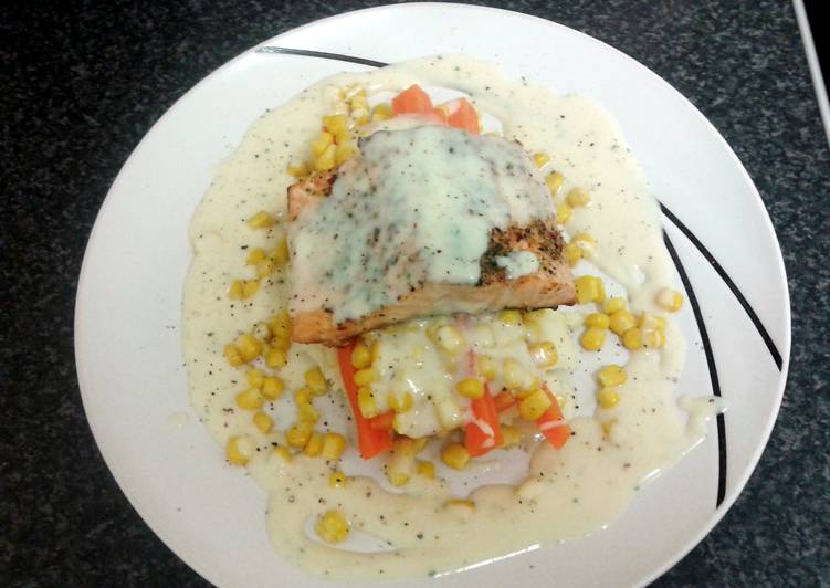 Simple Way to Prepare Super Quick Homemade salmon fillet in herb butter with creamy mash &amp; vegetables (serves 2)