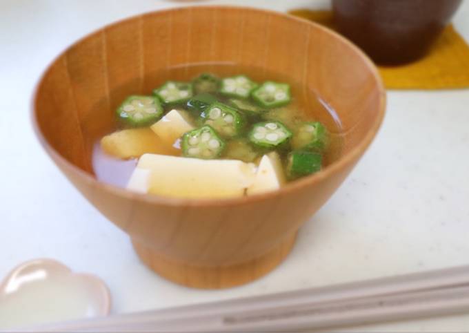 Steps to Make Super Quick Homemade Okra and tofu miso soup