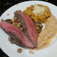 A picture of Brad's flank steak w/ pumpkin risotto & smoky cauliflower mash.