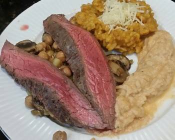 Easy Fast Cooking Brads flank steak w pumpkin risotto  smoky cauliflower mash Home Style