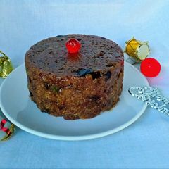 A picture of Eggless fruity whole wheat plum pudding.