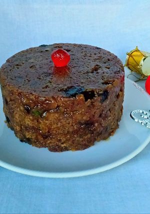 A picture of Eggless fruity whole wheat plum pudding.