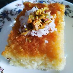 A picture of Coconut semolina/basbousa cake.