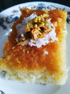 A picture of Coconut semolina/basbousa cake.