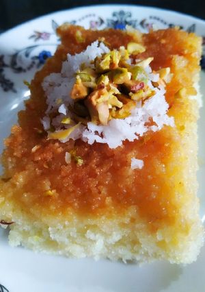 A picture of Coconut semolina/basbousa cake.
