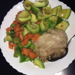 A picture of Boiled chicken, steamed carrots and avacado.