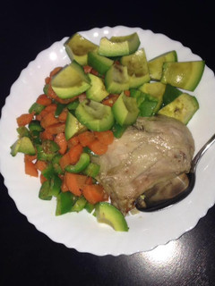 A picture of Boiled chicken, steamed carrots and avacado.
